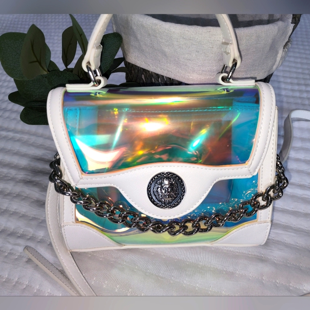 Aldo Top Handle Satchel Crossbody Bag White Holographic Clear w/ Chain NEW